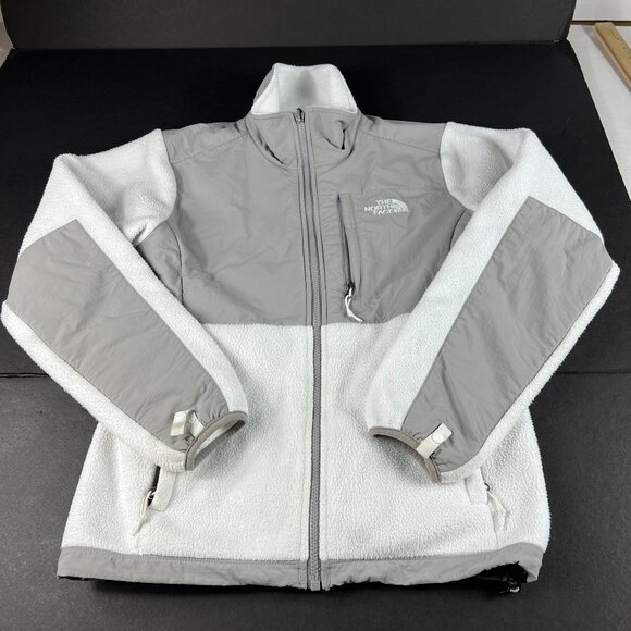 The North Face TNF Denali Jacket Women Small Grey White Polortec Full Zip Fleece - Picture 1 of 16